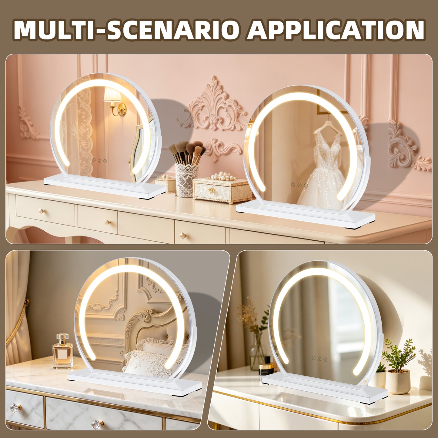 MantoLite LED Makeup Mirror features three-color light, adjustable brightness, smart touch switch, and 360-degree rotation.