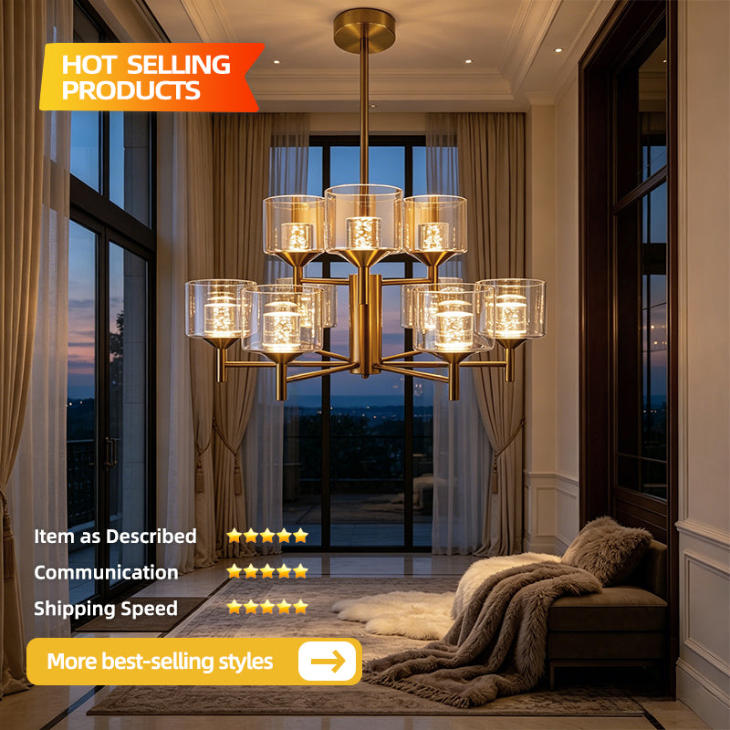 Gold Farmhouse Multi-head LED Chandelier Clear Glass Shade Iron Pendant Light for Kitchen Island Dining Living Room Bedroom