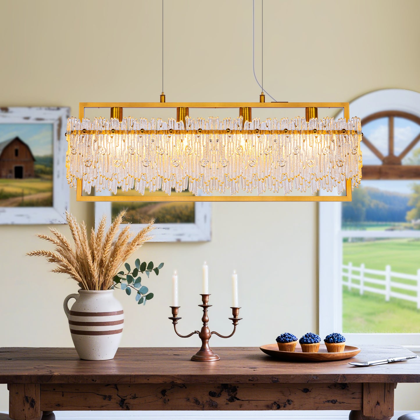 Dining Room Light Fixture&nbsp; Modern 4-Light gold Chandelier for Dining Room with E12 Base Compatible with 3000K~6000K (No Bulbs) Linear Farmhouse Lighting for Kitchen Island and Living Room