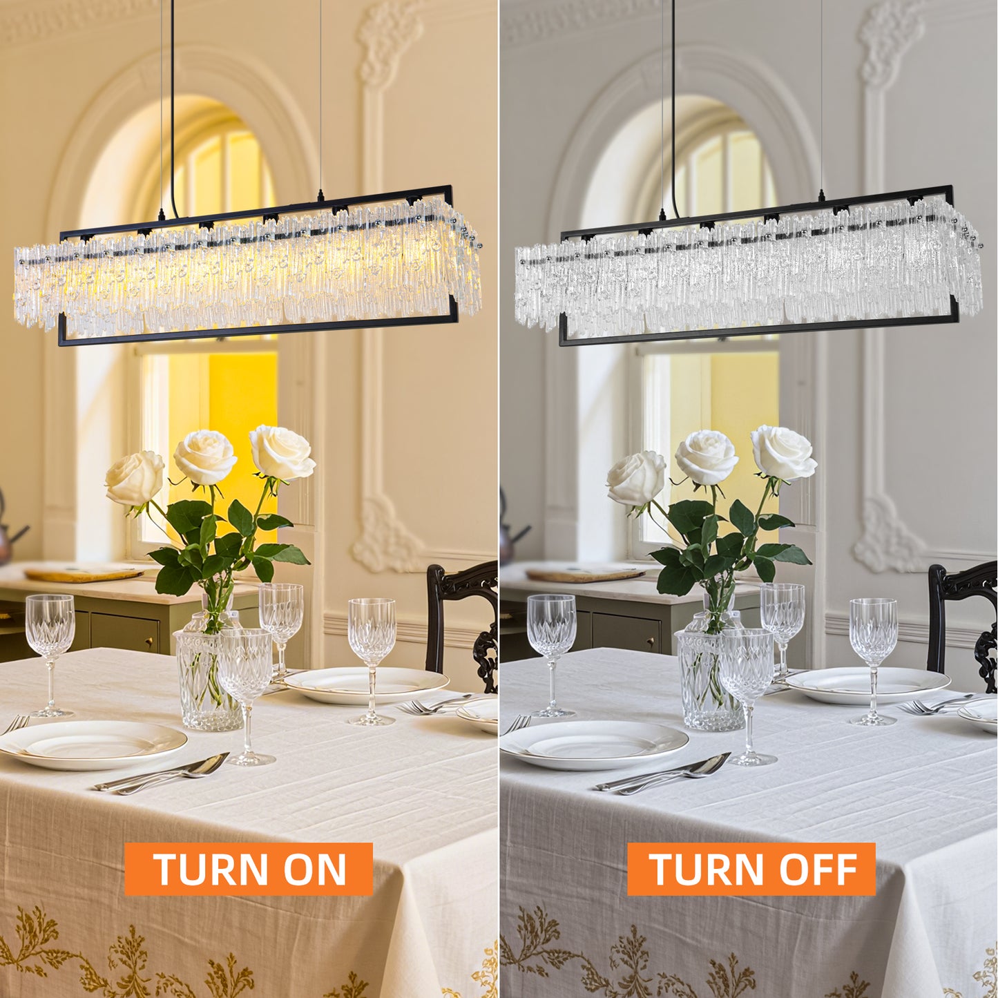 Dining Room Light Fixture 32'' Modern 6-Light black Chandelier for Dining Room with E12 Base Compatible with 3000K~6000K (No Bulbs) Linear Farmhouse Lighting for Kitchen Island and Living Room