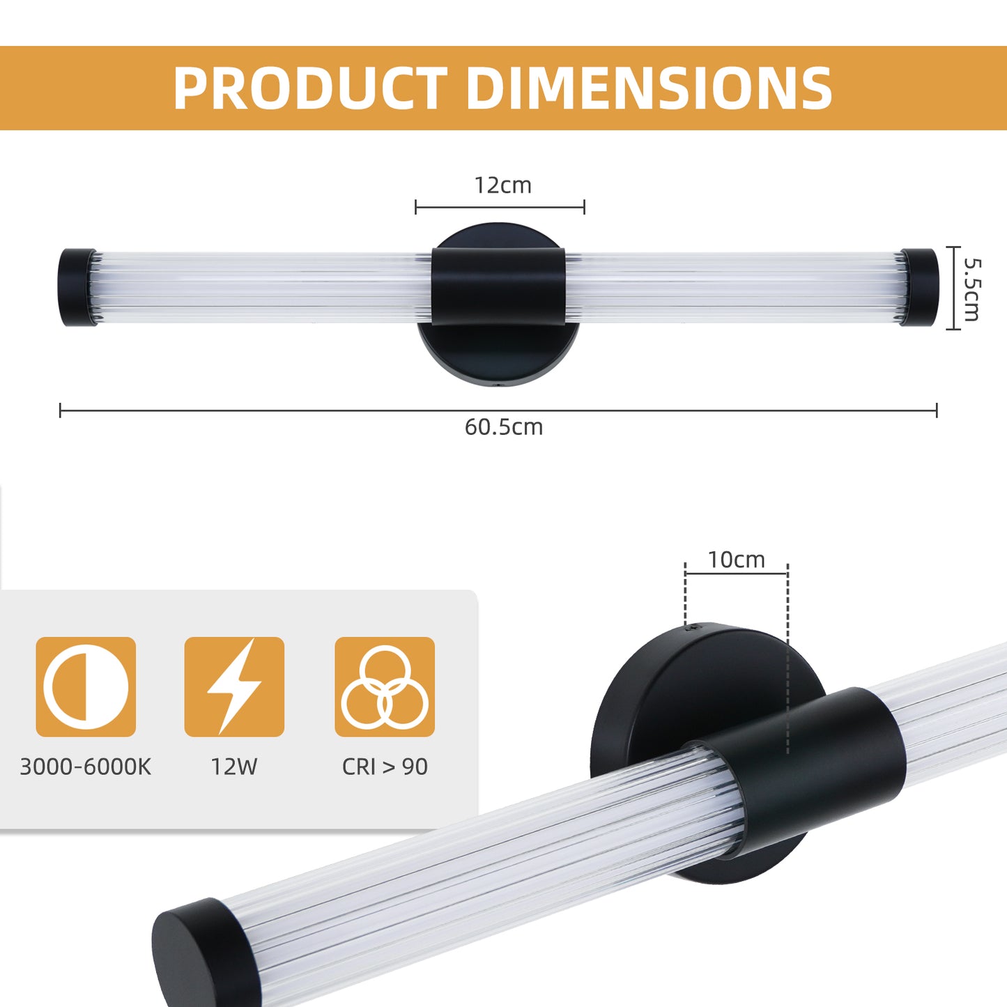 MantoLite LED Mirror Light Bathroom Vanity Light - 60.5CM Wall Mount IP44 Mirror Light 360°Modern Indoor Wall Lamp 12W 3CCT Adjustable 3000K 4000K 6000K Vanity Light Picture Light Matte Black