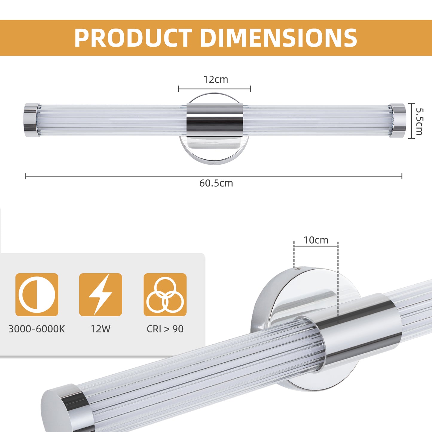 MantoLite LED Mirror Light Bathroom Mirror Lamp - 60.5CM Bathroom Light Wall IP44 Mirror Lamp 360°Modern Indoor Wall Light 12W 3CCT Adjustable 3000K 4000K 6000K Vanity Light Picture Light Chrome