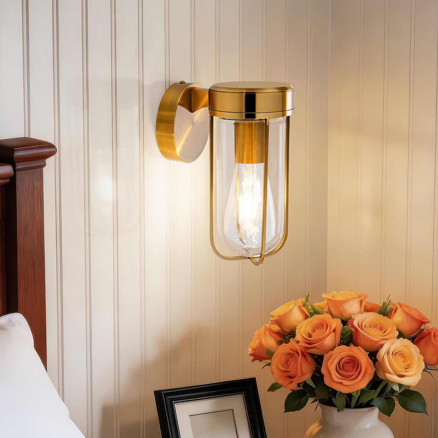 MantoLite Vintage Indoor Wall Light Brass Bath Vanity Light (Simple with Glass Shade) Industrial-Style Wall Light Suitable for Living Room, Bedroom and Hallway