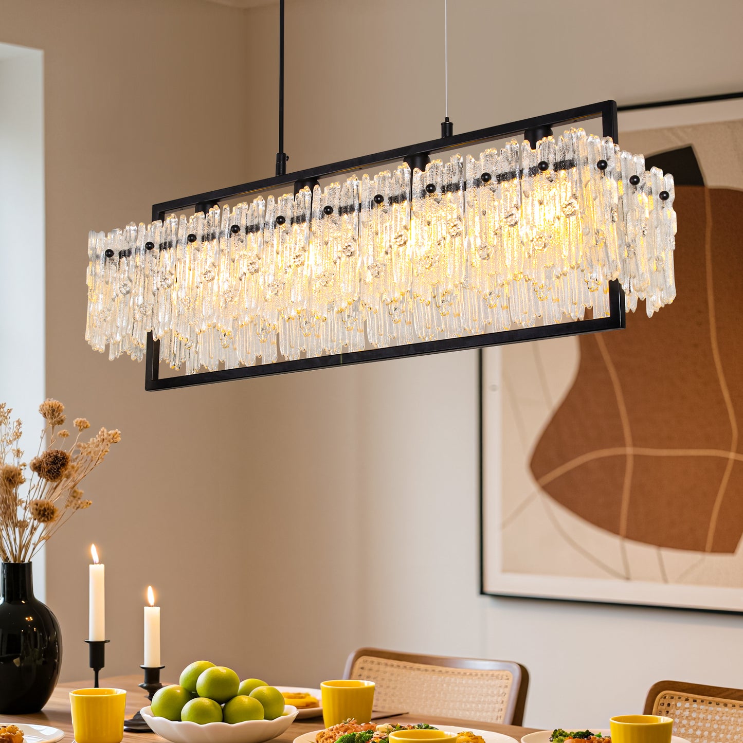 Dining Room Light Fixture&nbsp; Modern 4-Light black Chandelier for Dining Room with E12 Base Compatible with 3000K~6000K (No Bulbs) Linear Farmhouse Lighting for Kitchen Island and Living Room