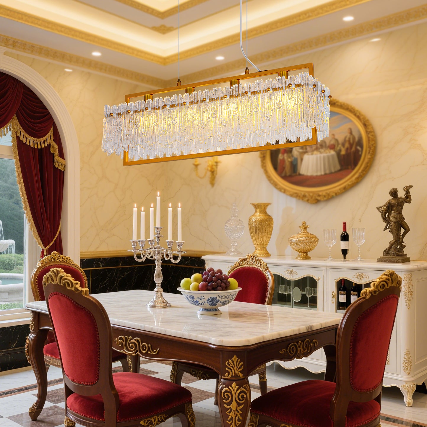 Dining Room Light Fixture&nbsp; Modern 4-Light gold Chandelier for Dining Room with E12 Base Compatible with 3000K~6000K (No Bulbs) Linear Farmhouse Lighting for Kitchen Island and Living Room