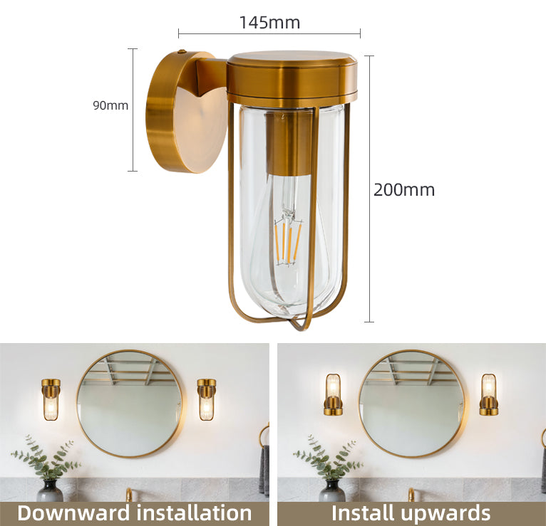 MantoLite Vintage Indoor Wall Light Brass Bath Vanity Light (Simple with Glass Shade) Industrial-Style Wall Light Suitable for Living Room, Bedroom and Hallway
