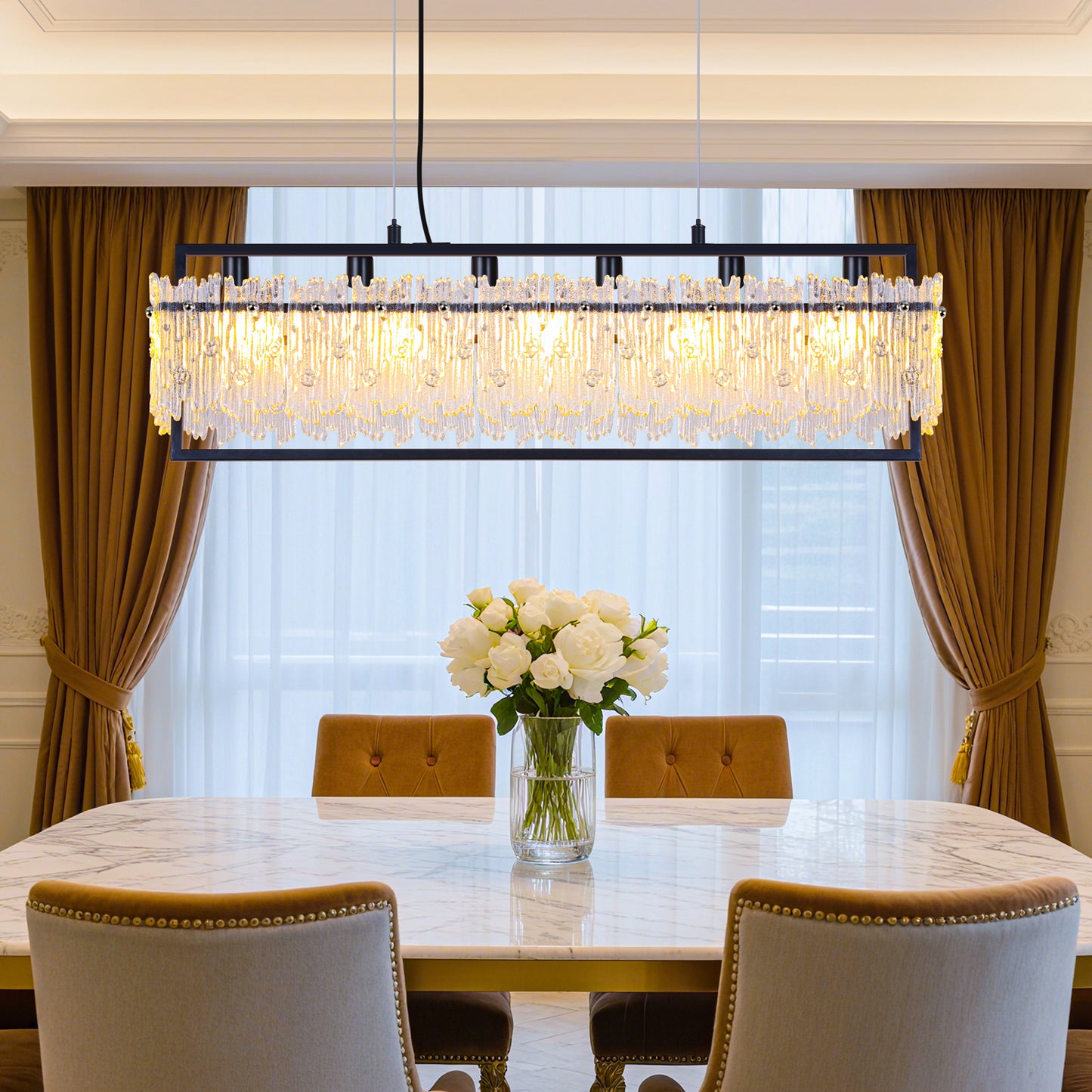 Dining Room Light Fixture 32'' Modern 6-Light black Chandelier for Dining Room with E12 Base Compatible with 3000K~6000K (No Bulbs) Linear Farmhouse Lighting for Kitchen Island and Living Room