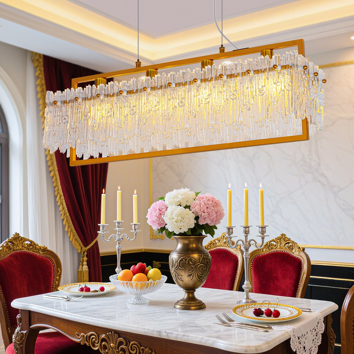 Dining Room Light Fixture&nbsp; Modern 4-Light gold Chandelier for Dining Room with E12 Base Compatible with 3000K~6000K (No Bulbs) Linear Farmhouse Lighting for Kitchen Island and Living Room