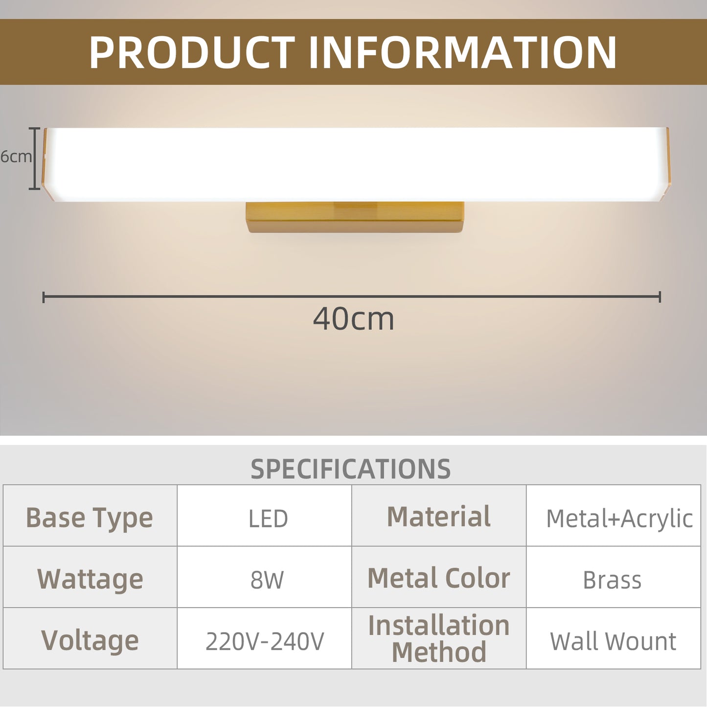MantoLite Wall Lamp 8W 40CM LED Matte Brass Picture Light LED Bathroom Mirror Lamp, 3000K+6000K Reading Lamp Light For Bed Living Room Picture Light Bedroom Lighting