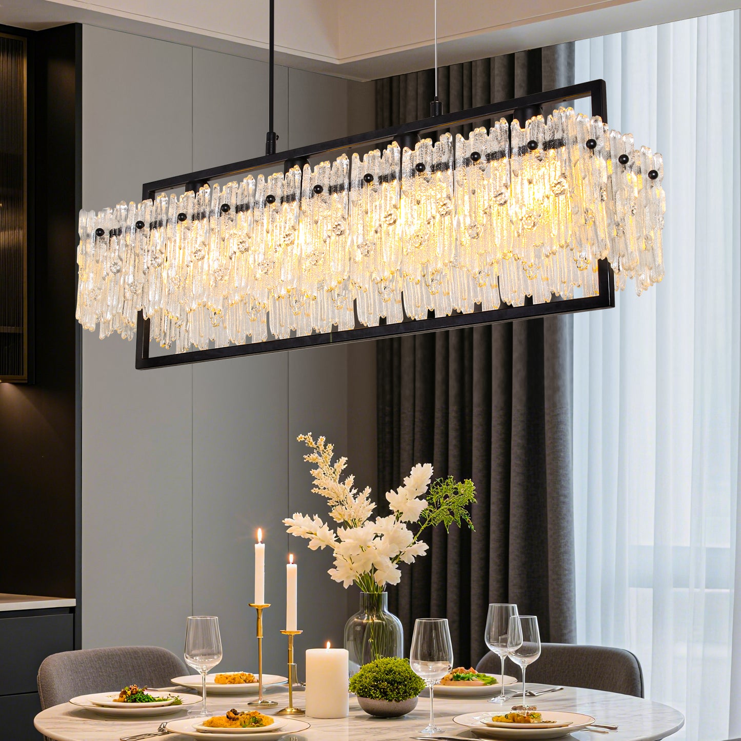 Dining Room Light Fixture&nbsp; Modern 4-Light black Chandelier for Dining Room with E12 Base Compatible with 3000K~6000K (No Bulbs) Linear Farmhouse Lighting for Kitchen Island and Living Room