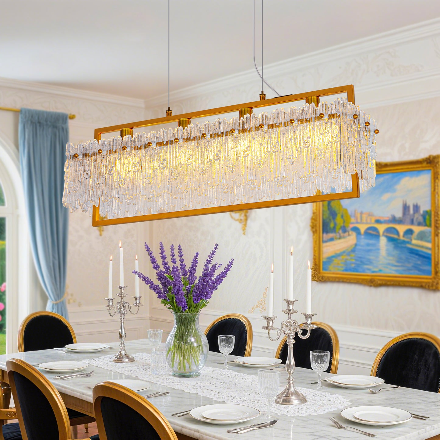 Dining Room Light Fixture&nbsp; Modern 4-Light gold Chandelier for Dining Room with E12 Base Compatible with 3000K~6000K (No Bulbs) Linear Farmhouse Lighting for Kitchen Island and Living Room