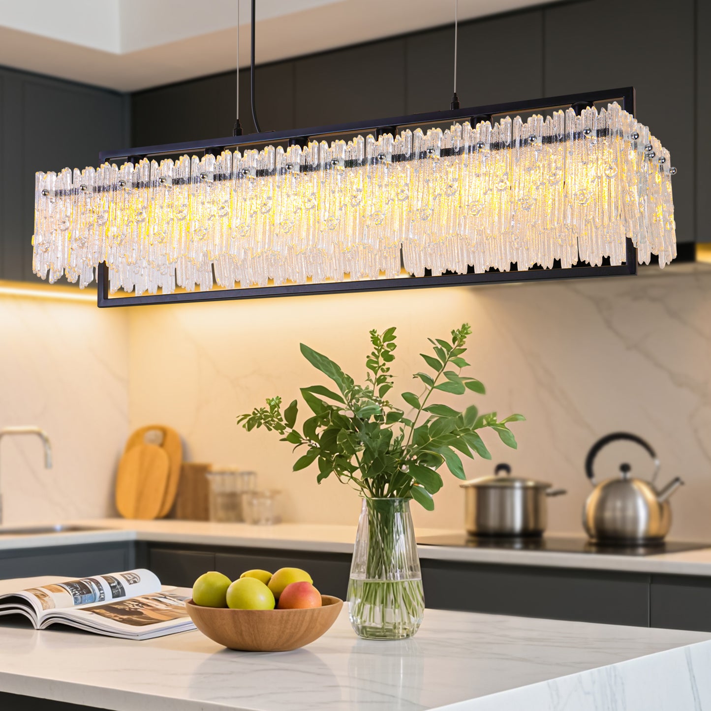Dining Room Light Fixture 32'' Modern 6-Light black Chandelier for Dining Room with E12 Base Compatible with 3000K~6000K (No Bulbs) Linear Farmhouse Lighting for Kitchen Island and Living Room