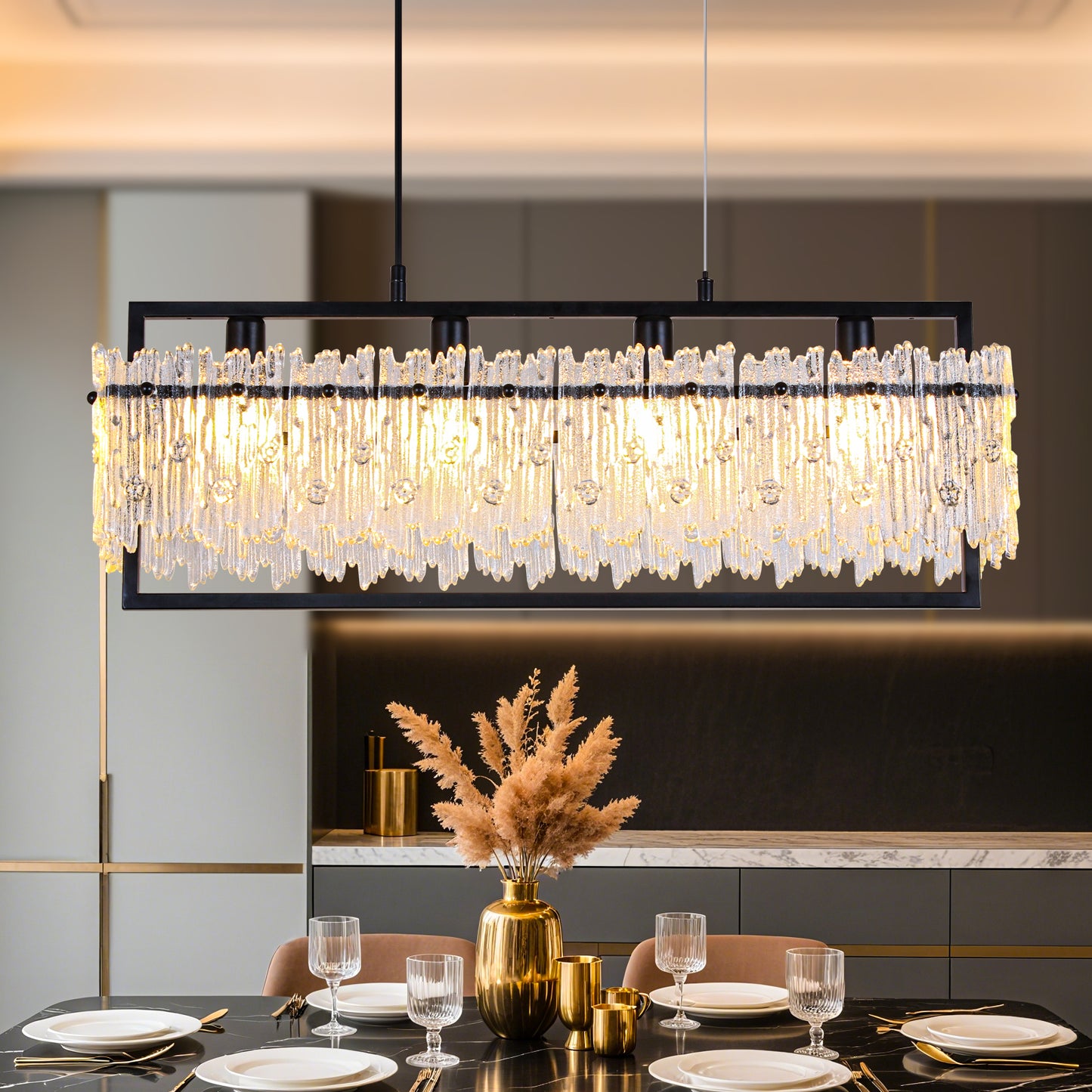 Dining Room Light Fixture&nbsp; Modern 4-Light black Chandelier for Dining Room with E12 Base Compatible with 3000K~6000K (No Bulbs) Linear Farmhouse Lighting for Kitchen Island and Living Room