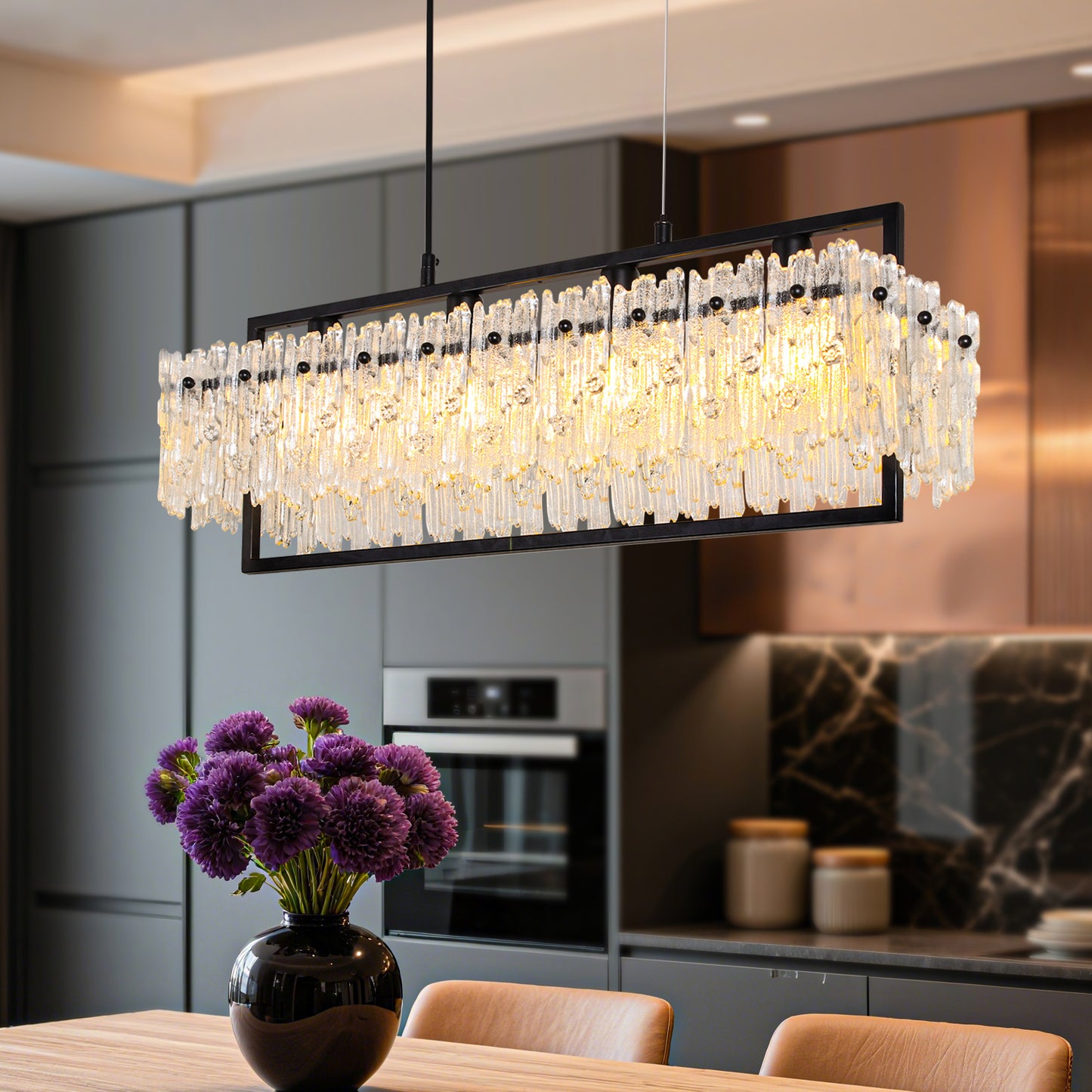 Dining Room Light Fixture&nbsp; Modern 4-Light black Chandelier for Dining Room with E12 Base Compatible with 3000K~6000K (No Bulbs) Linear Farmhouse Lighting for Kitchen Island and Living Room