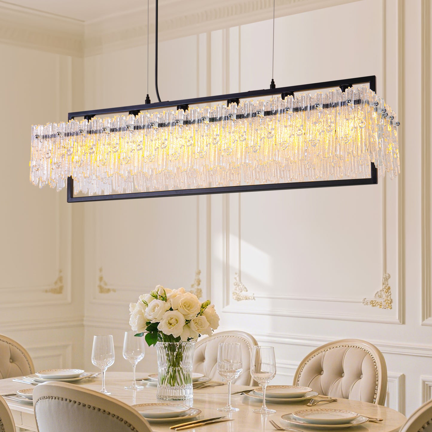 Dining Room Light Fixture 32'' Modern 6-Light black Chandelier for Dining Room with E12 Base Compatible with 3000K~6000K (No Bulbs) Linear Farmhouse Lighting for Kitchen Island and Living Room