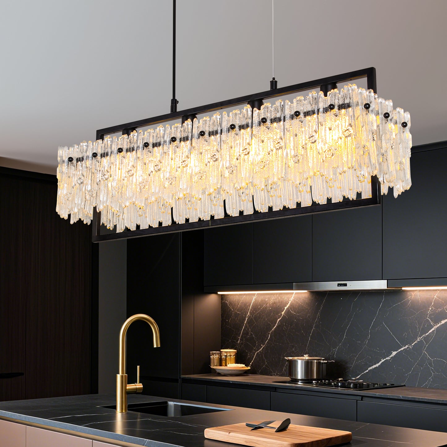 Dining Room Light Fixture&nbsp; Modern 4-Light black Chandelier for Dining Room with E12 Base Compatible with 3000K~6000K (No Bulbs) Linear Farmhouse Lighting for Kitchen Island and Living Room