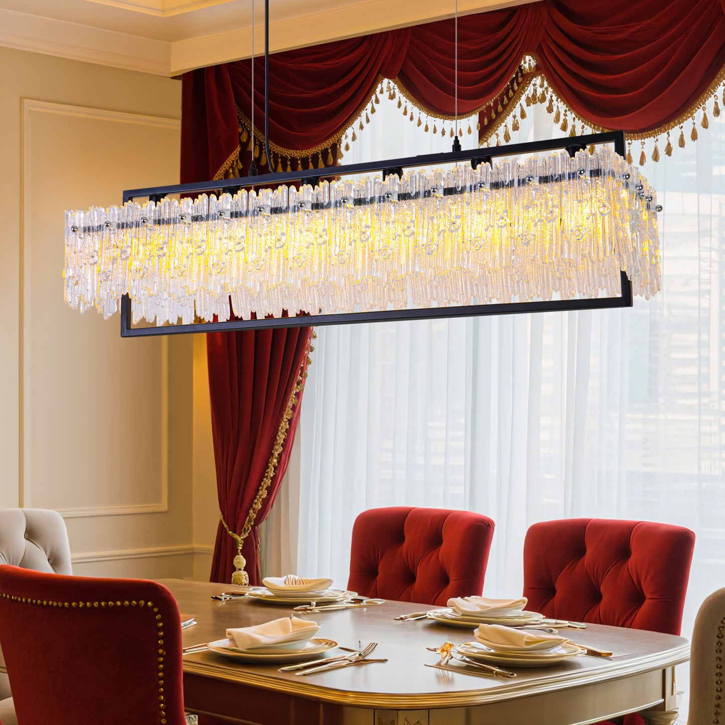 Dining Room Light Fixture 32'' Modern 6-Light black Chandelier for Dining Room with E12 Base Compatible with 3000K~6000K (No Bulbs) Linear Farmhouse Lighting for Kitchen Island and Living Room
