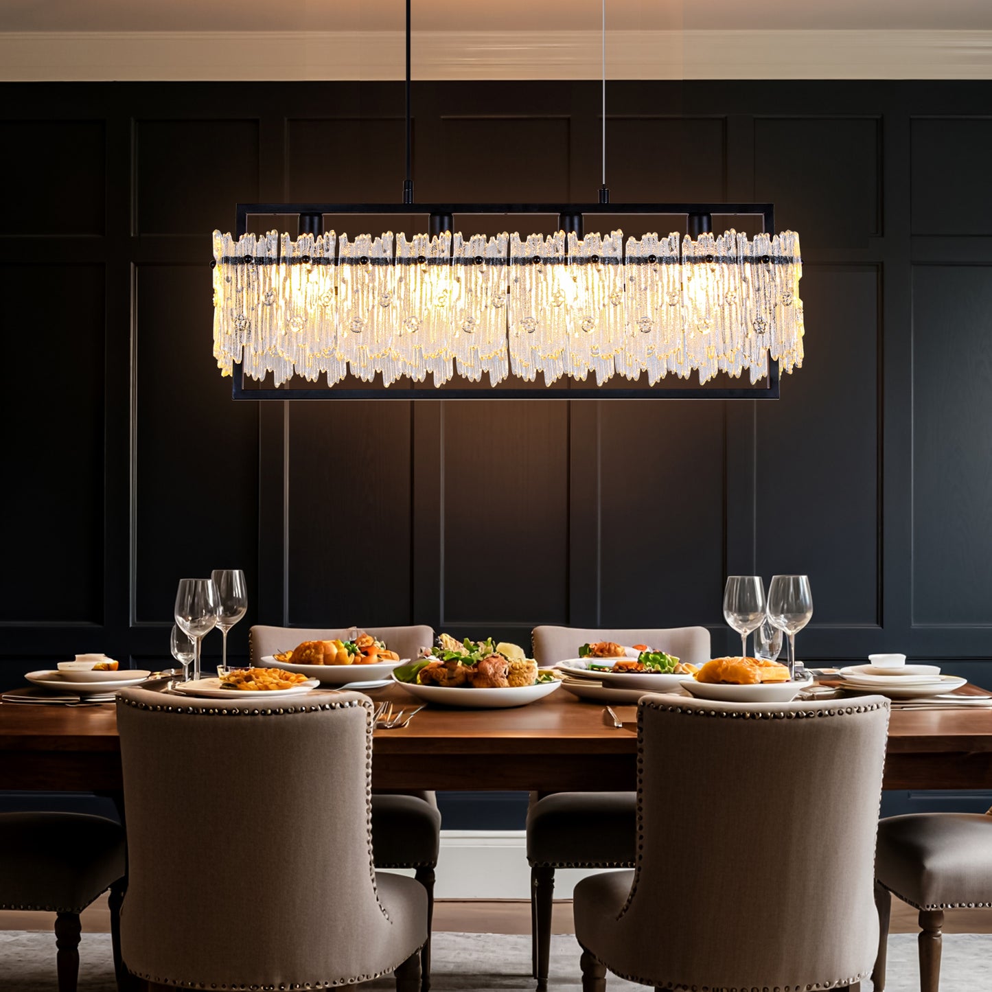Dining Room Light Fixture&nbsp; Modern 4-Light black Chandelier for Dining Room with E12 Base Compatible with 3000K~6000K (No Bulbs) Linear Farmhouse Lighting for Kitchen Island and Living Room
