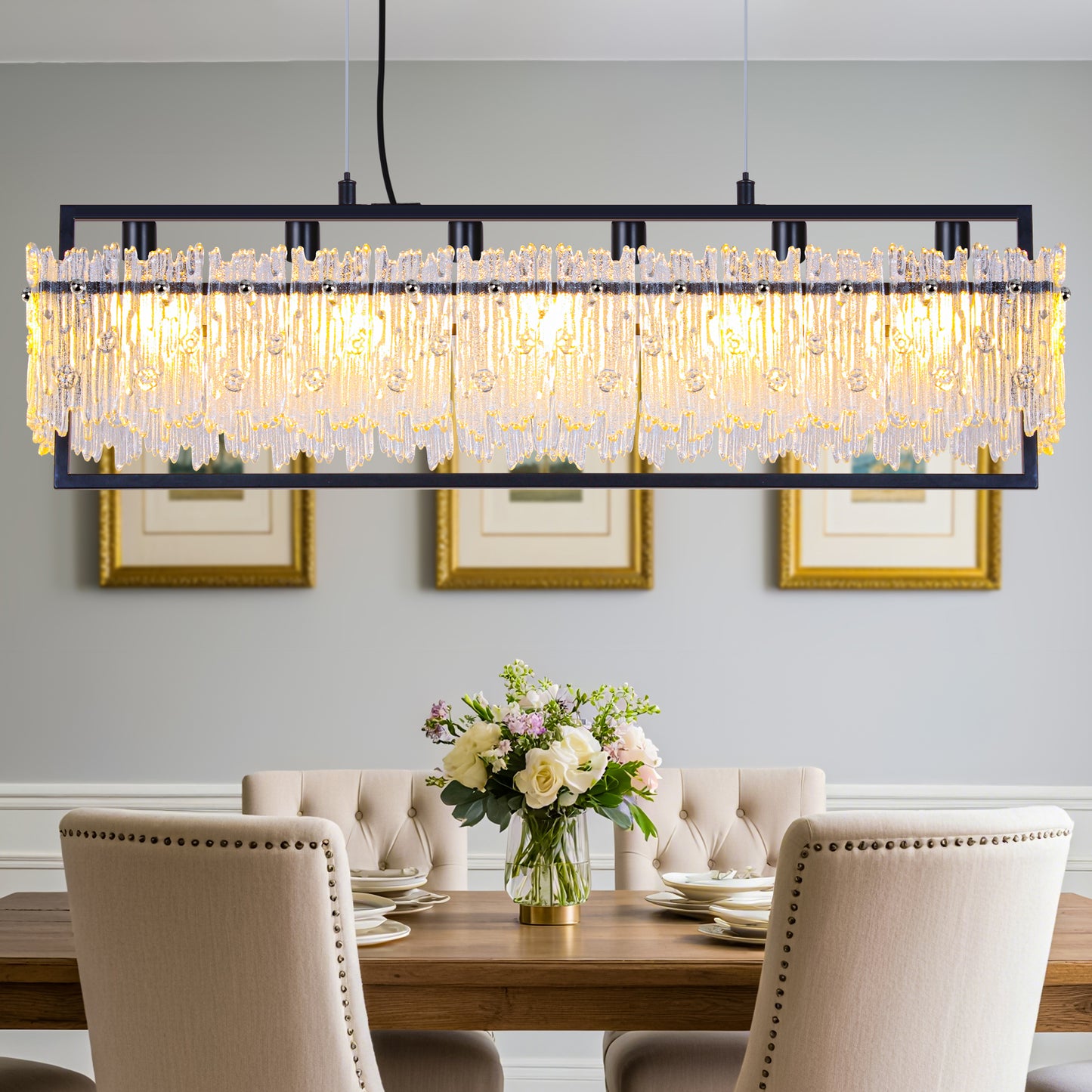 Dining Room Light Fixture 32'' Modern 6-Light black Chandelier for Dining Room with E12 Base Compatible with 3000K~6000K (No Bulbs) Linear Farmhouse Lighting for Kitchen Island and Living Room