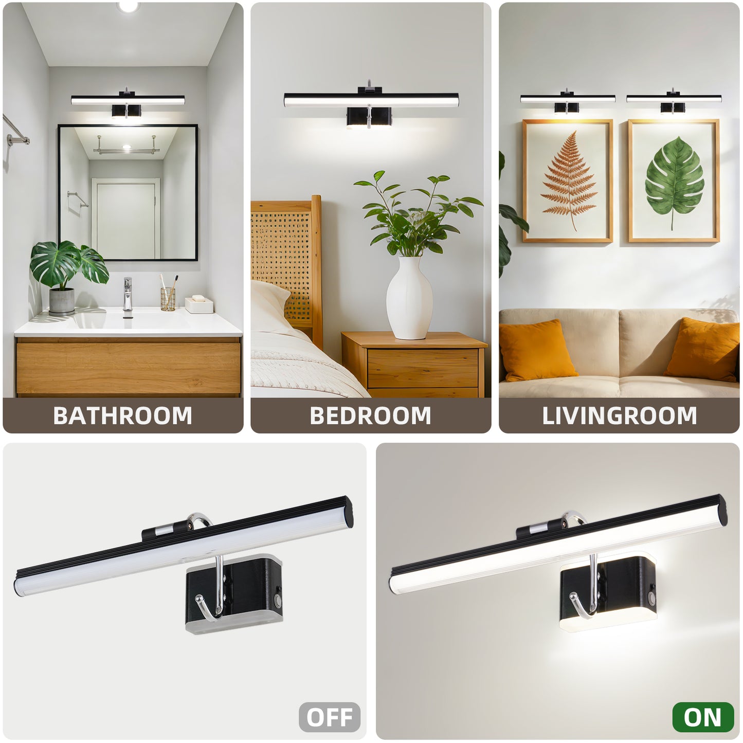 Modern Black Bathroom Light Fixtures 16.3 inch Led Vanity Lights,8W,Rotatable & Dimmable Bar Bathroom Lighting fixtures Over Mirror,4000K Natural White Wall Light Fixtures for Indoor