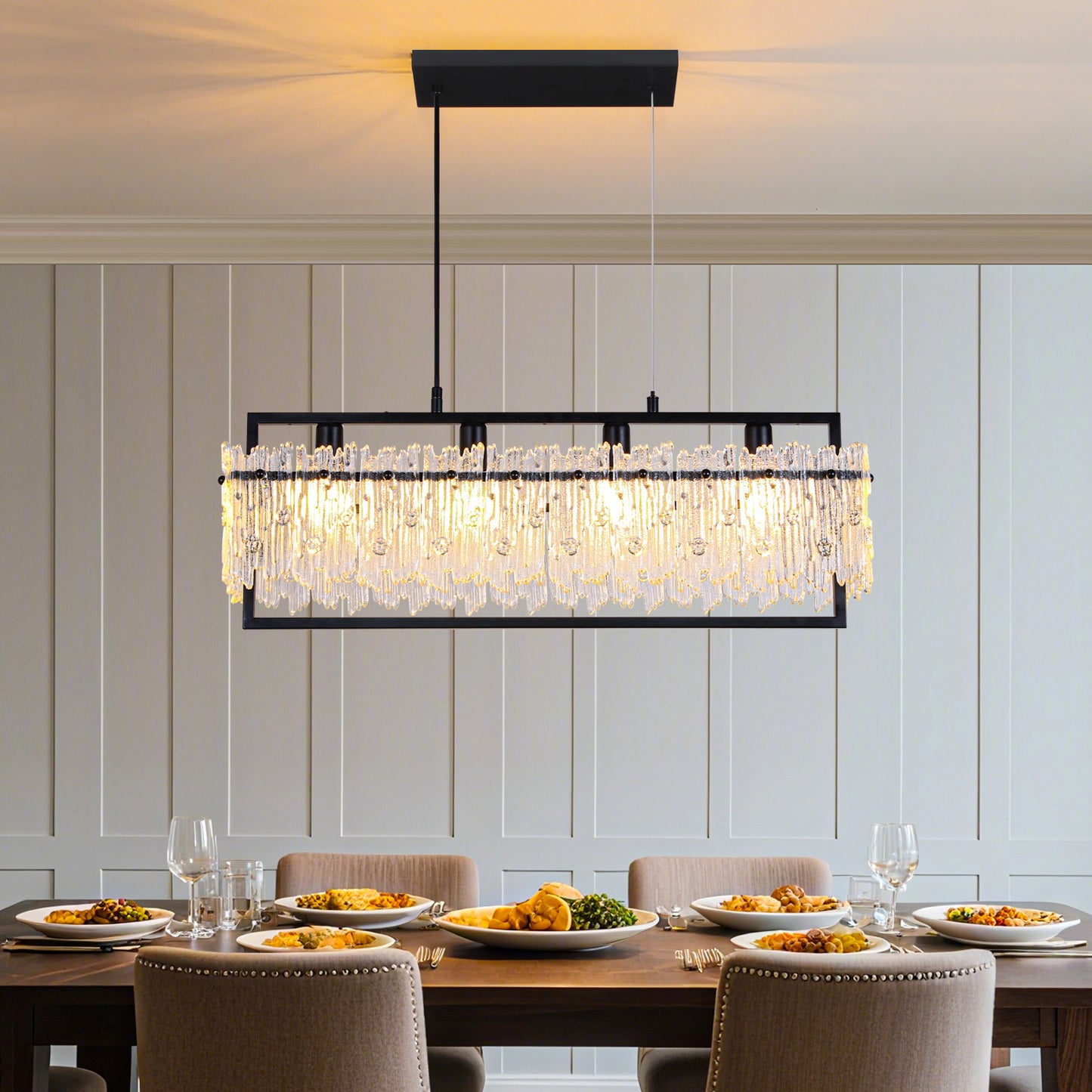 Dining Room Light Fixture&nbsp; Modern 4-Light black Chandelier for Dining Room with E12 Base Compatible with 3000K~6000K (No Bulbs) Linear Farmhouse Lighting for Kitchen Island and Living Room