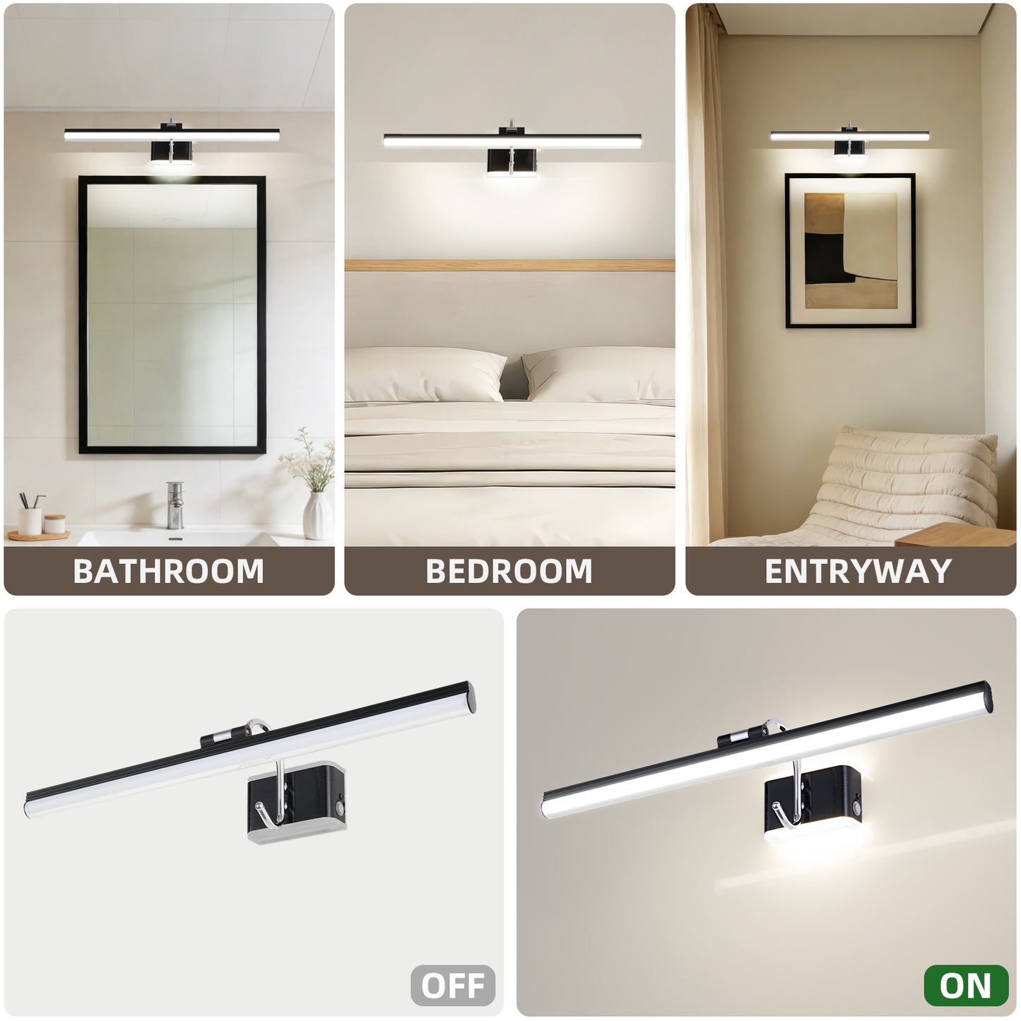 Modern Bathroom Light Fixtures 23 inch Led Vanity Lights,11W,Rotatable,Dimmable,Black BAR Bathroom Lighting fixtures Over Mirror,4000K Natural White Wall Light Fixtures for Bedroom