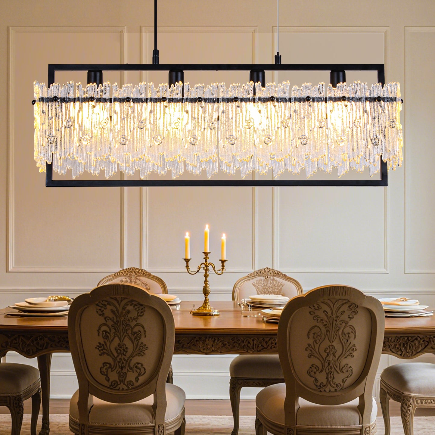 Dining Room Light Fixture&nbsp; Modern 4-Light black Chandelier for Dining Room with E12 Base Compatible with 3000K~6000K (No Bulbs) Linear Farmhouse Lighting for Kitchen Island and Living Room