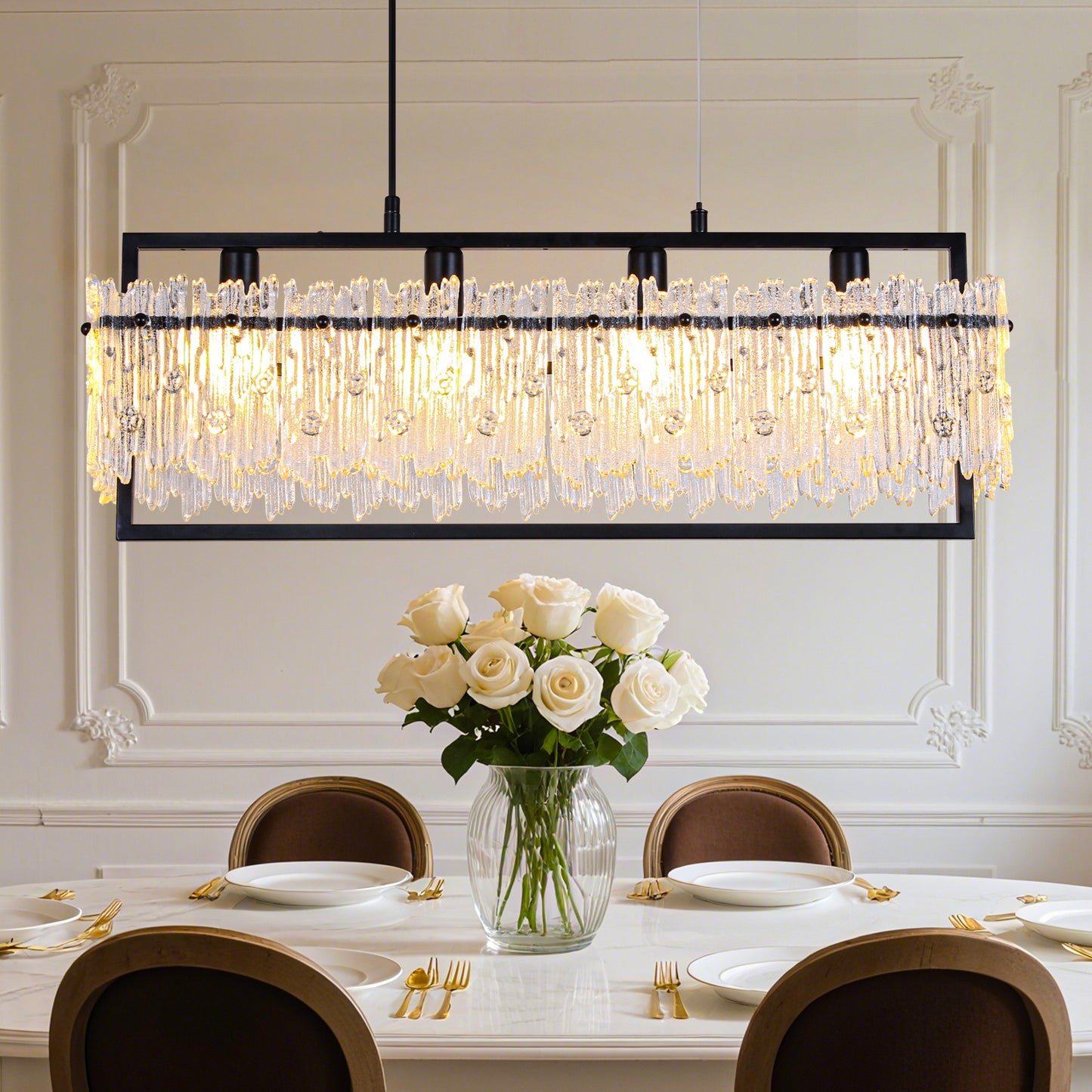 Dining Room Light Fixture&nbsp; Modern 4-Light black Chandelier for Dining Room with E12 Base Compatible with 3000K~6000K (No Bulbs) Linear Farmhouse Lighting for Kitchen Island and Living Room