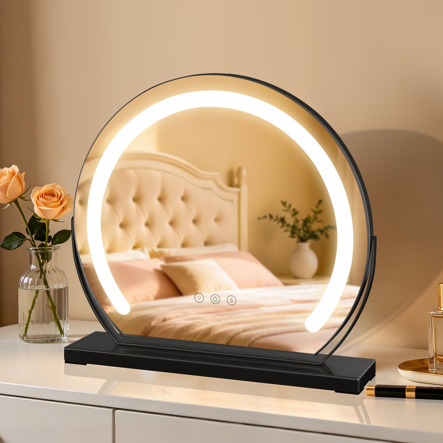 MantoLite LED Makeup Mirror features three-color light, adjustable brightness, smart touch switch, and 360-degree rotation.