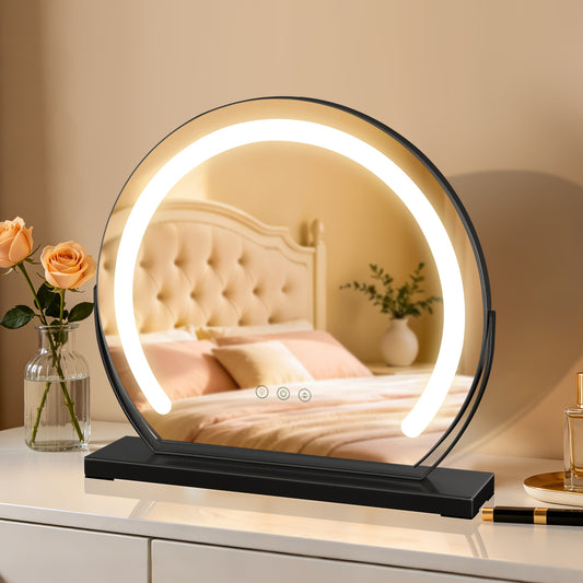 MantoLite LED Makeup Mirror features three-color light, adjustable brightness, smart touch switch, and 360-degree rotation.