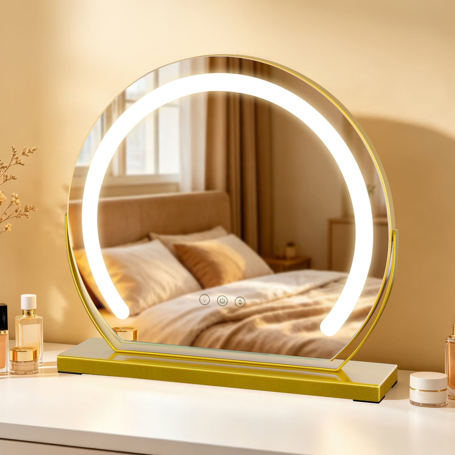 MantoLite LED Makeup Mirror features three-color light, adjustable brightness, smart touch switch, and 360-degree rotation.