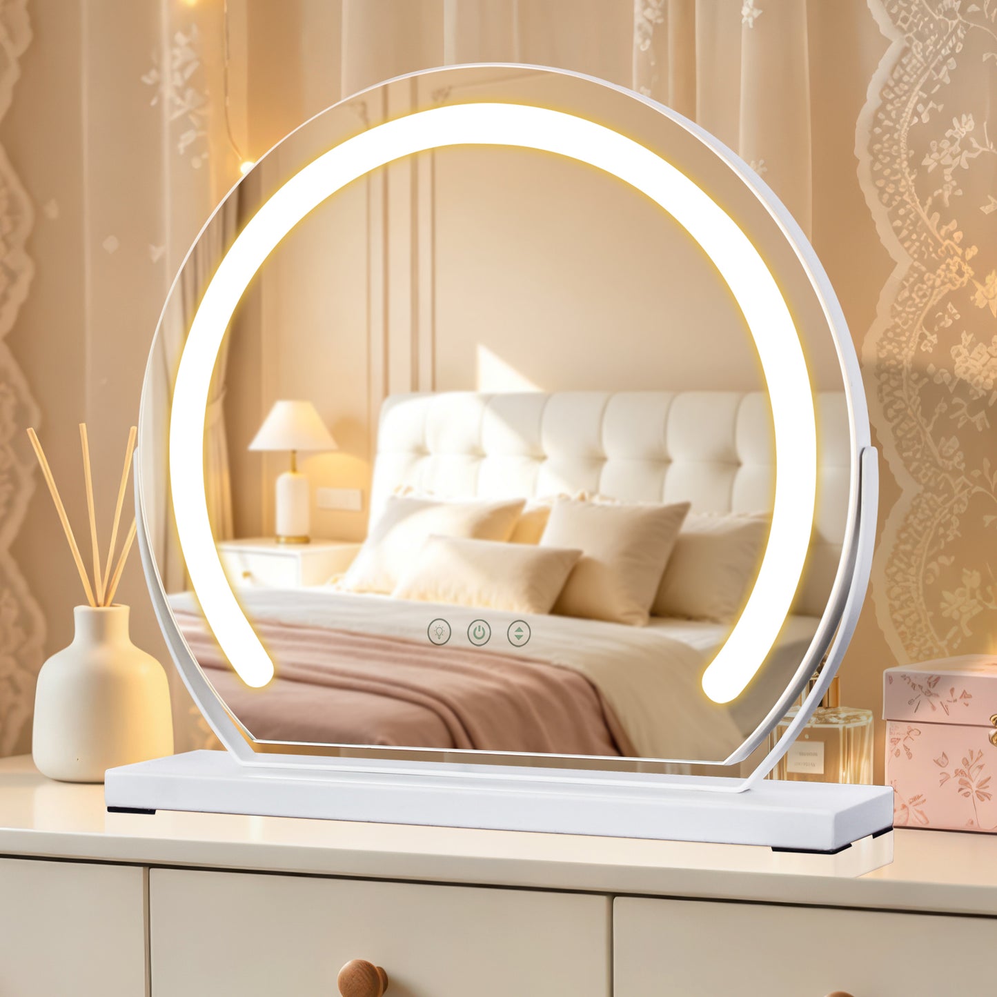 MantoLite LED Makeup Mirror features three-color light, adjustable brightness, smart touch switch, and 360-degree rotation.