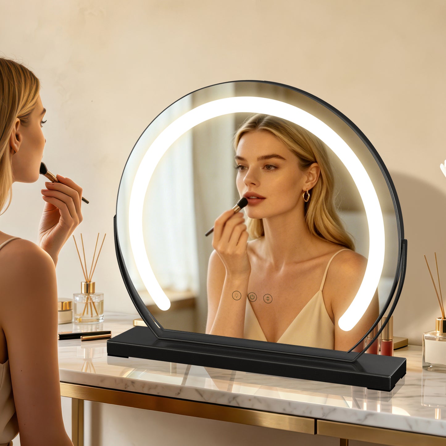MantoLite LED Makeup Mirror features three-color light, adjustable brightness, smart touch switch, and 360-degree rotation.