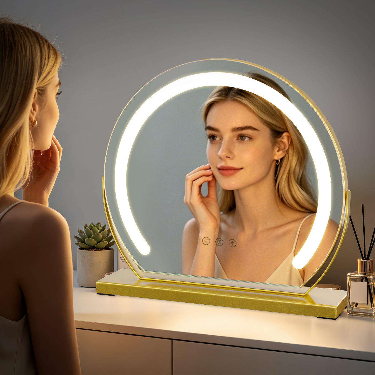 MantoLite LED Makeup Mirror features three-color light, adjustable brightness, smart touch switch, and 360-degree rotation.