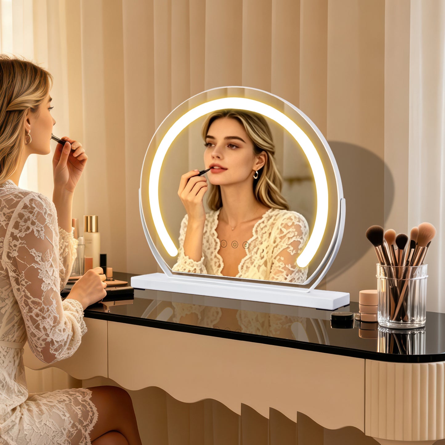 MantoLite LED Makeup Mirror features three-color light, adjustable brightness, smart touch switch, and 360-degree rotation.