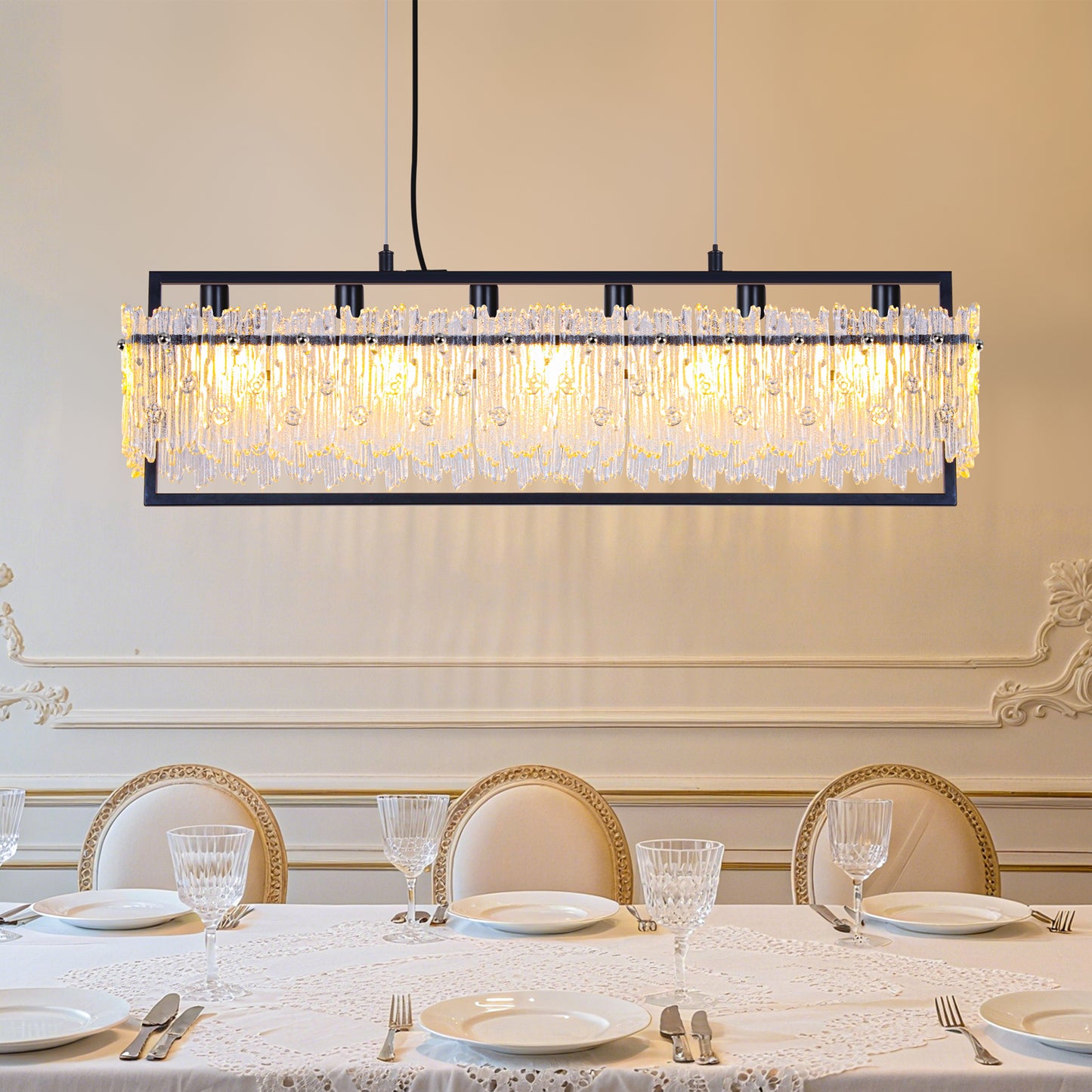 Dining Room Light Fixture 32'' Modern 6-Light black Chandelier for Dining Room with E12 Base Compatible with 3000K~6000K (No Bulbs) Linear Farmhouse Lighting for Kitchen Island and Living Room