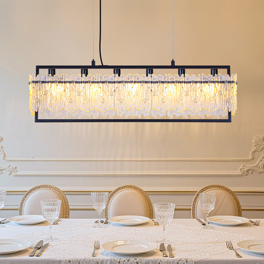 Dining Room Light Fixture 32'' Modern 6-Light black Chandelier for Dining Room with E12 Base Compatible with 3000K~6000K (No Bulbs) Linear Farmhouse Lighting for Kitchen Island and Living Room