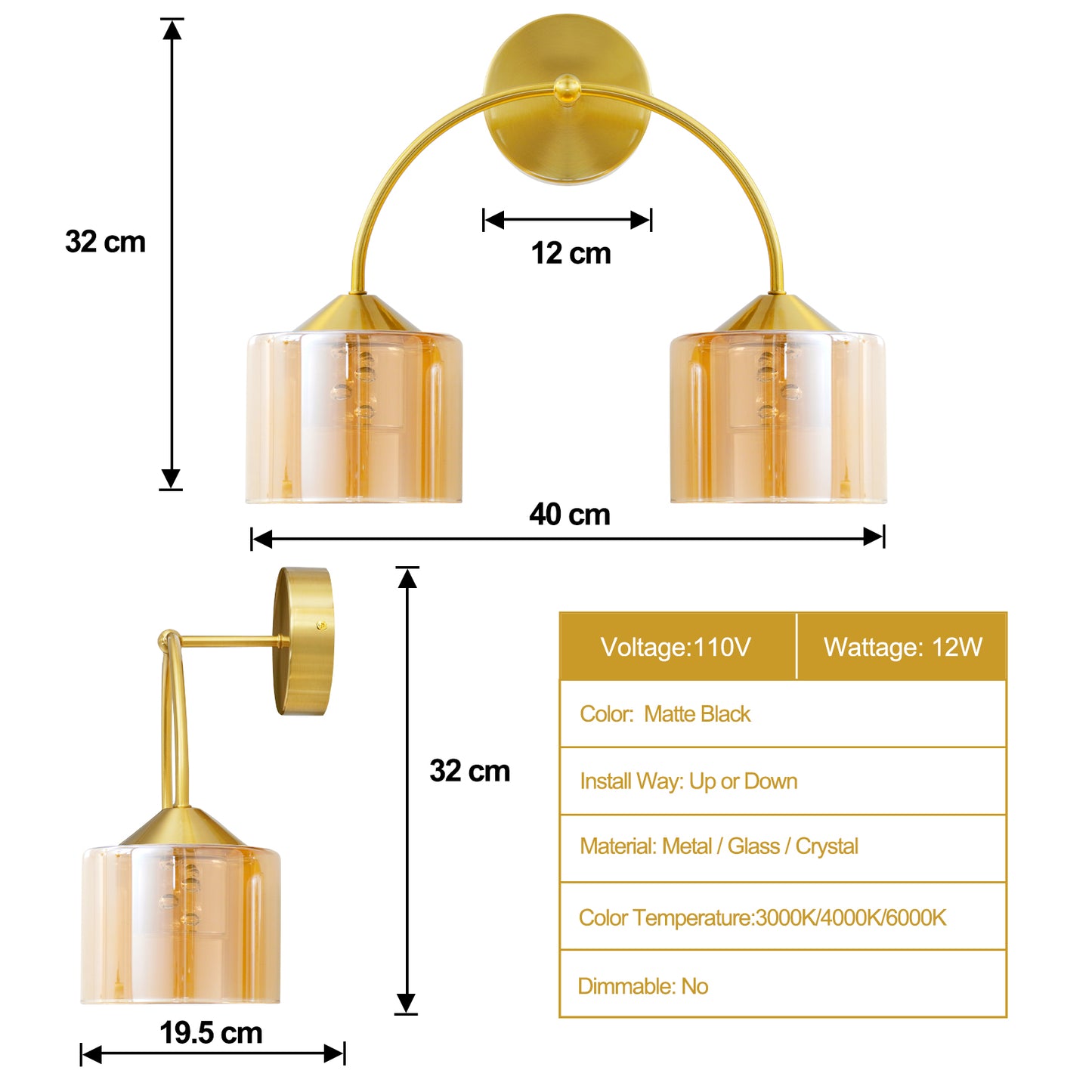 MantoLite Modern Mode Wall Light, Indoor LED 2-Lamp Wall Light, 3 Color Temperature Adjustable, Suitable for Bathroom, Bedroom, Living Room, Hallway, Kitchen (Copper, 40cm)