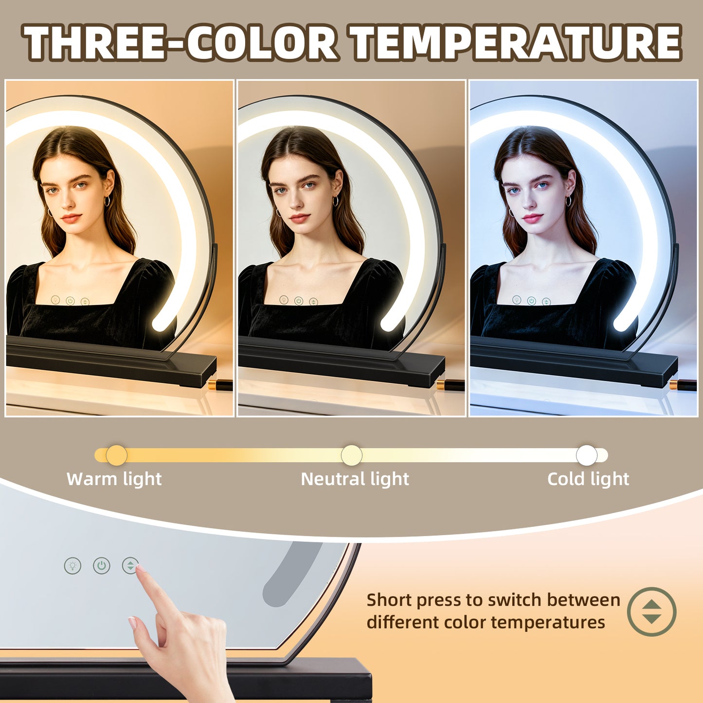 MantoLite LED Makeup Mirror features three-color light, adjustable brightness, smart touch switch, and 360-degree rotation.