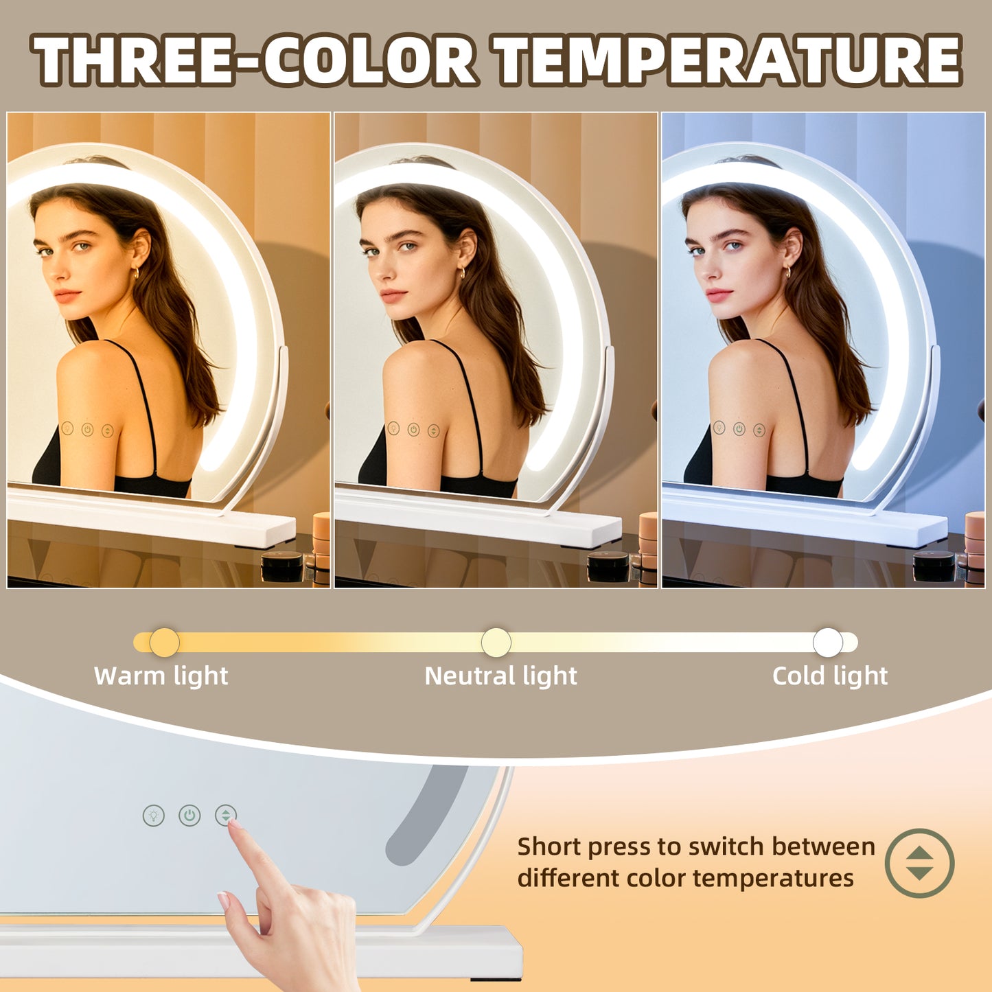 MantoLite LED Makeup Mirror features three-color light, adjustable brightness, smart touch switch, and 360-degree rotation.