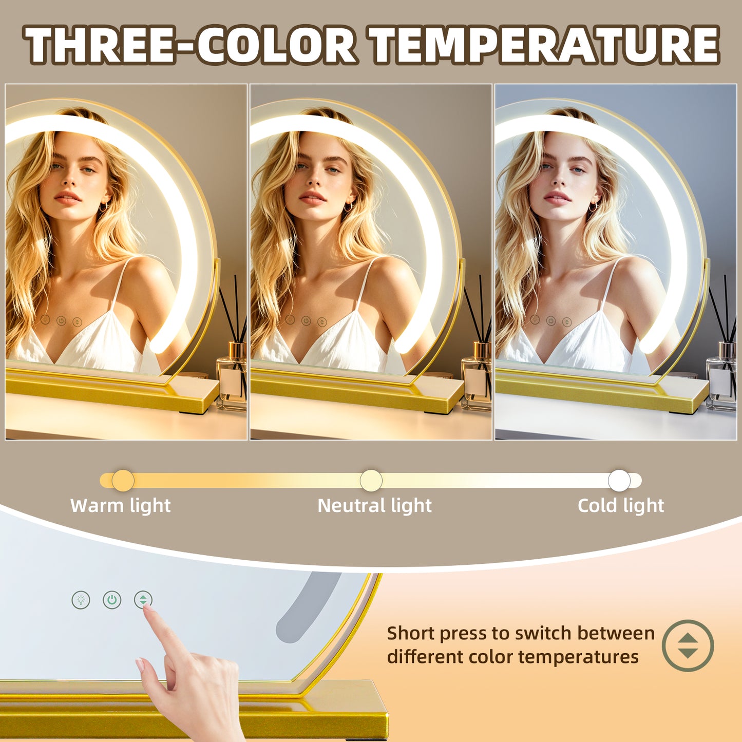MantoLite LED Makeup Mirror features three-color light, adjustable brightness, smart touch switch, and 360-degree rotation.