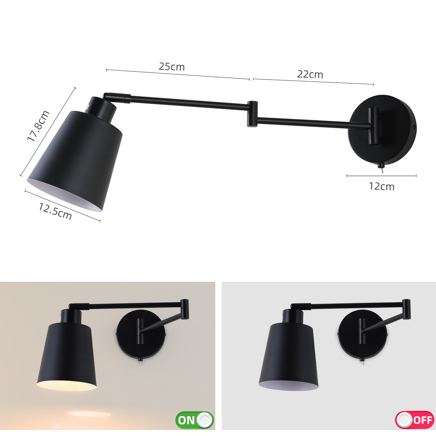 MantoLite Swivel Arm Wall Lamp with Switch Bedroom 4W Wall Light Black E27 Industrial Wall Lamp for Living Room Bedroom Hallway