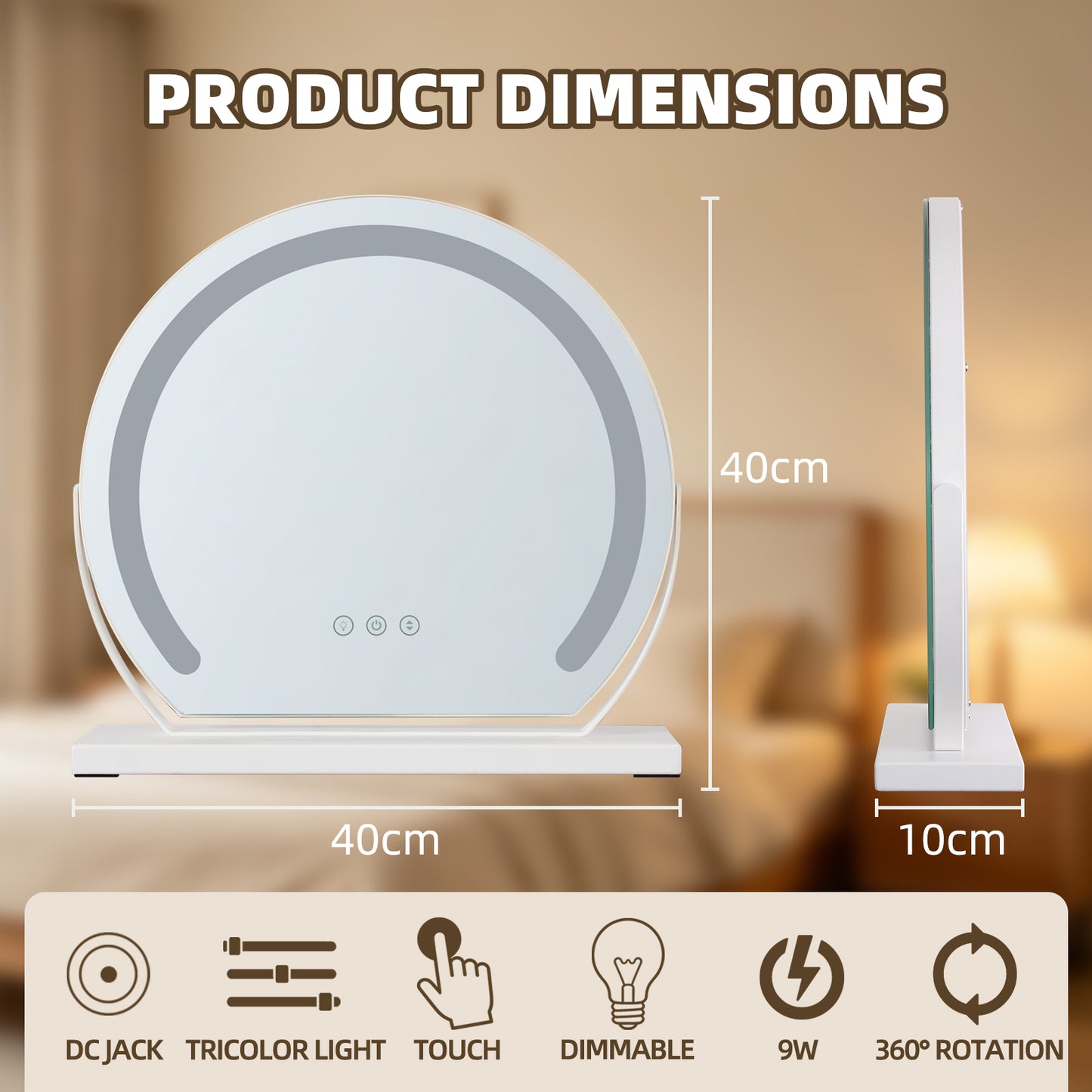 MantoLite LED Makeup Mirror features three-color light, adjustable brightness, smart touch switch, and 360-degree rotation.