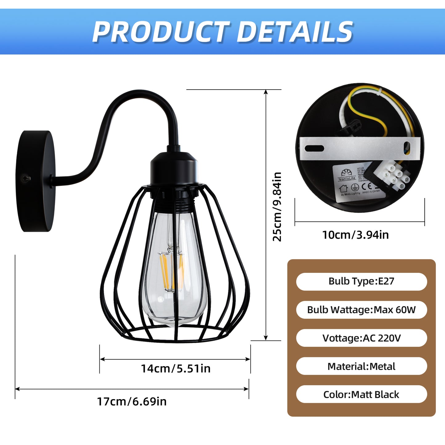 Edison Lamp Holder Black Cage Wall Lights  (Bulb Not Included)