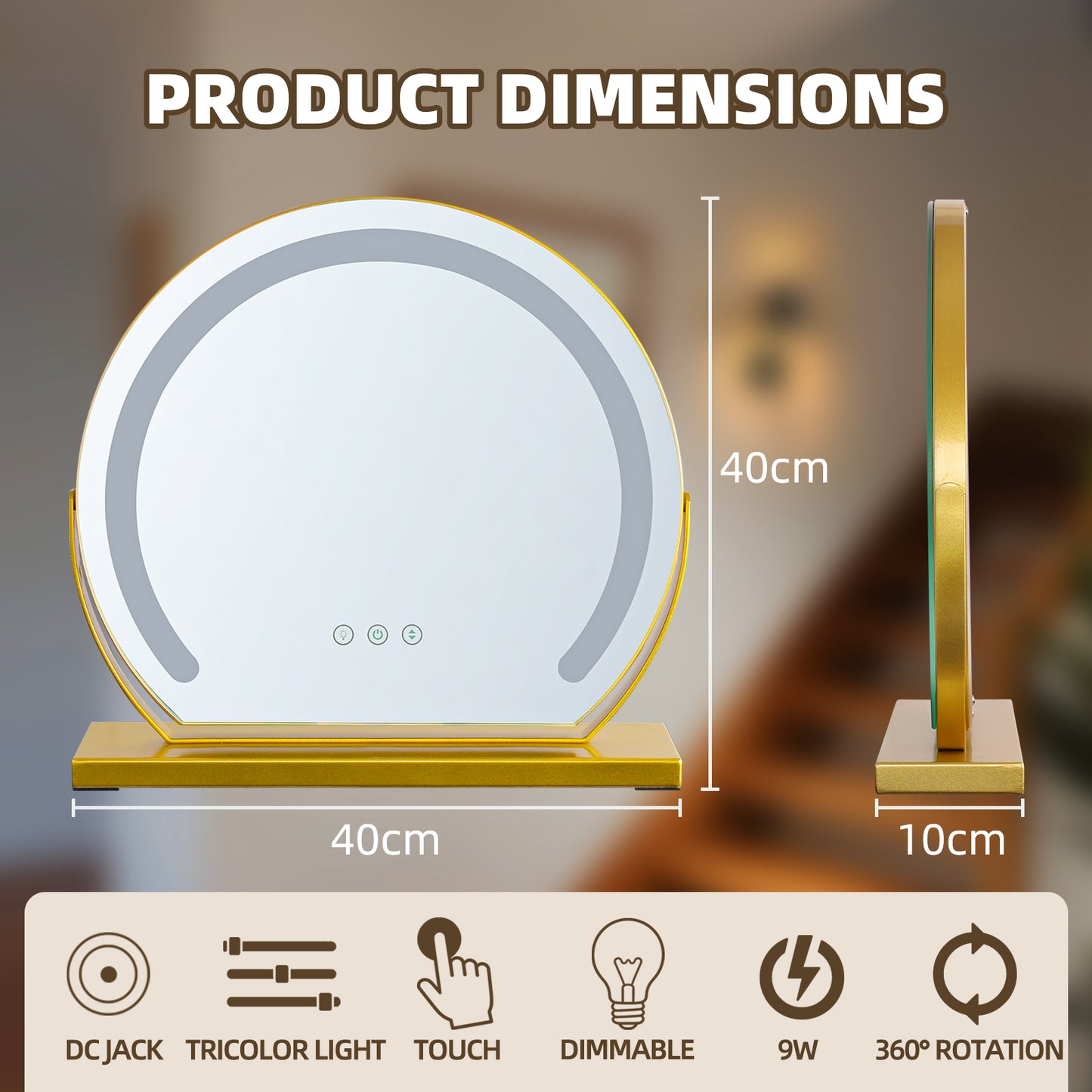 MantoLite LED Makeup Mirror features three-color light, adjustable brightness, smart touch switch, and 360-degree rotation.