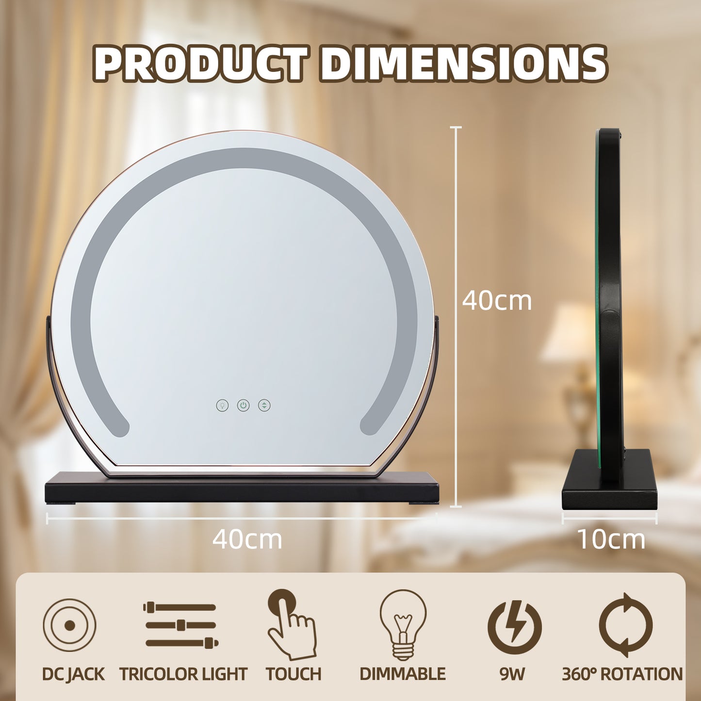 MantoLite LED Makeup Mirror features three-color light, adjustable brightness, smart touch switch, and 360-degree rotation.