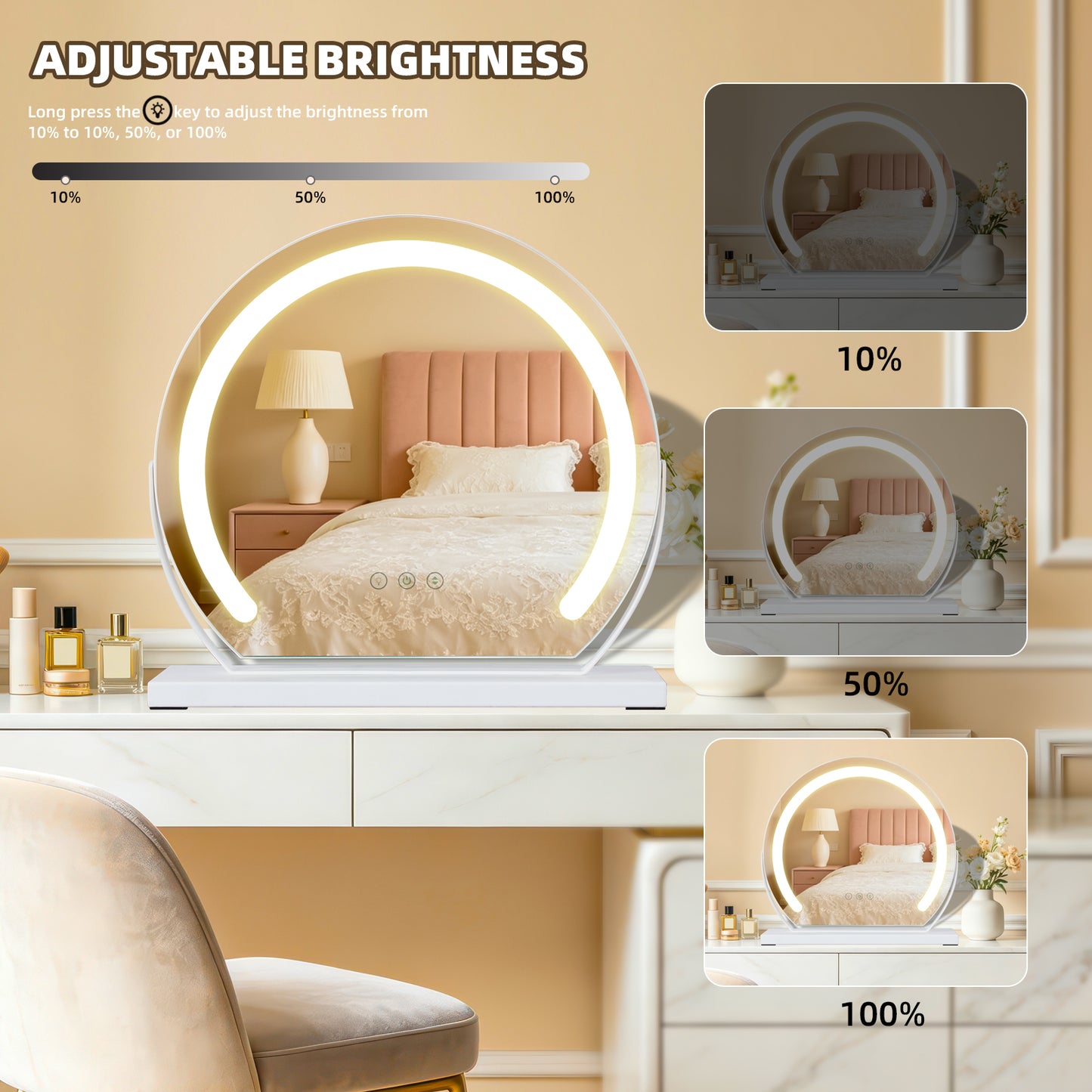 MantoLite LED Makeup Mirror features three-color light, adjustable brightness, smart touch switch, and 360-degree rotation.