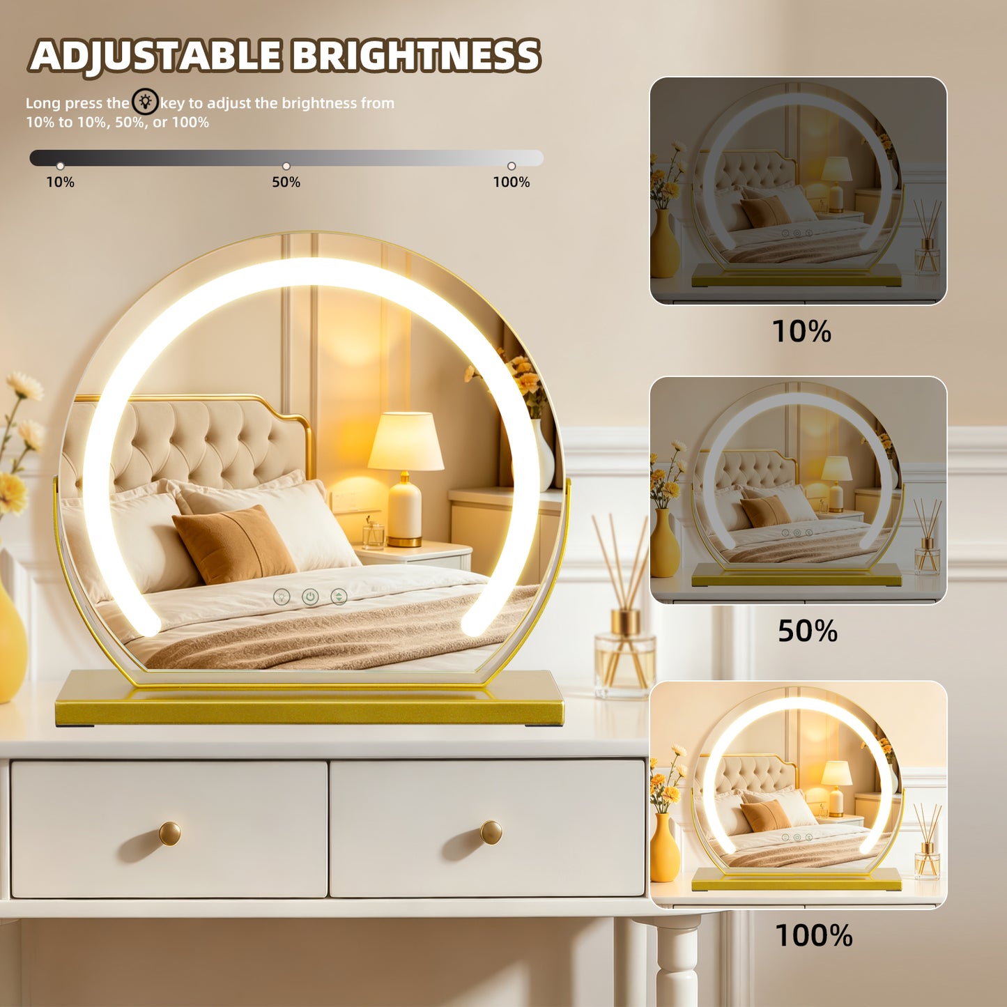 MantoLite LED Makeup Mirror features three-color light, adjustable brightness, smart touch switch, and 360-degree rotation.