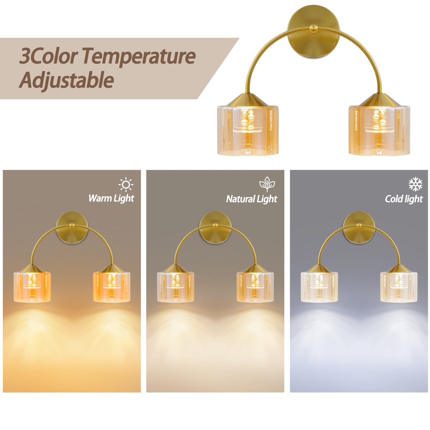 MantoLite Modern Mode Wall Light, Indoor LED 2-Lamp Wall Light, 3 Color Temperature Adjustable, Suitable for Bathroom, Bedroom, Living Room, Hallway, Kitchen (Copper, 40cm)