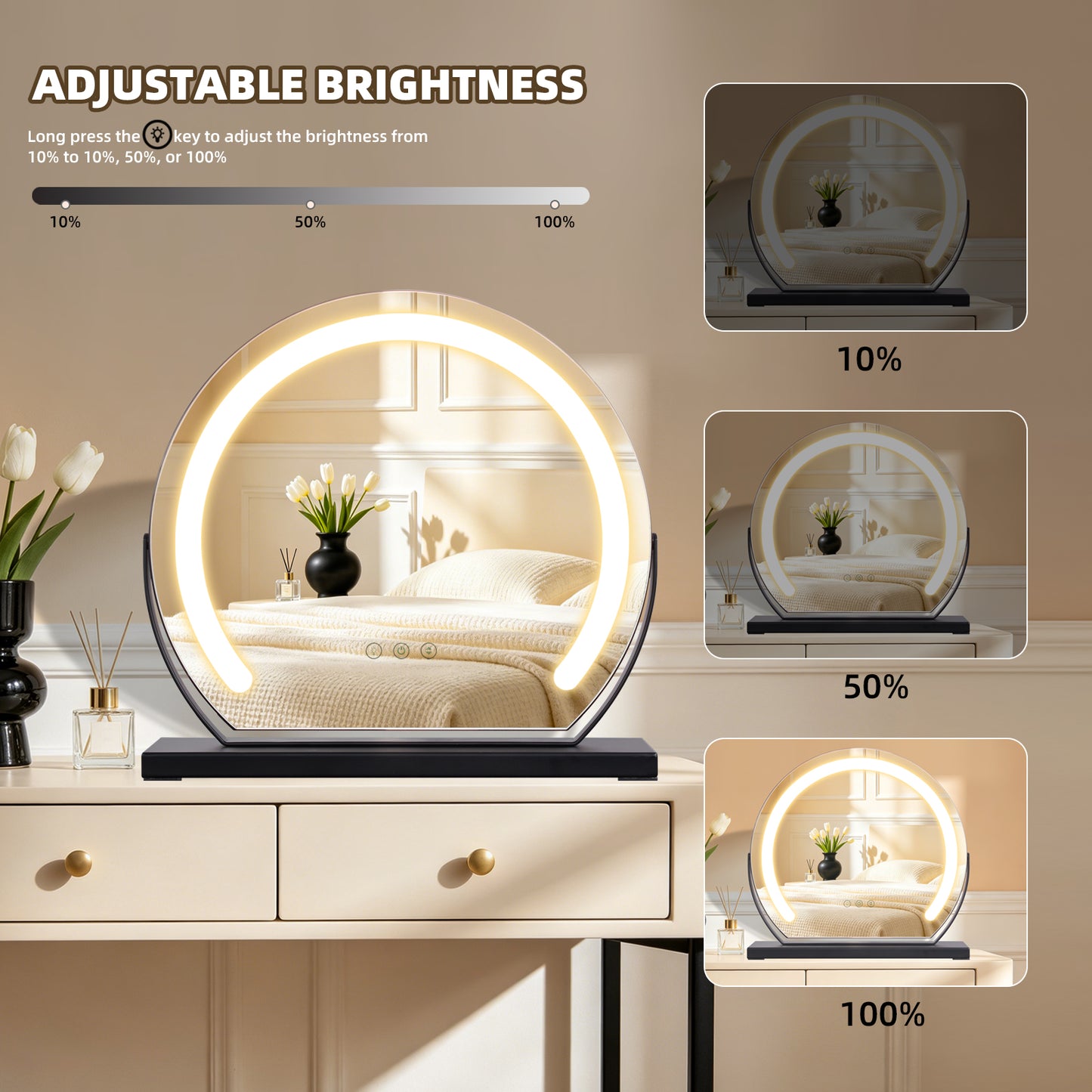 MantoLite LED Makeup Mirror features three-color light, adjustable brightness, smart touch switch, and 360-degree rotation.